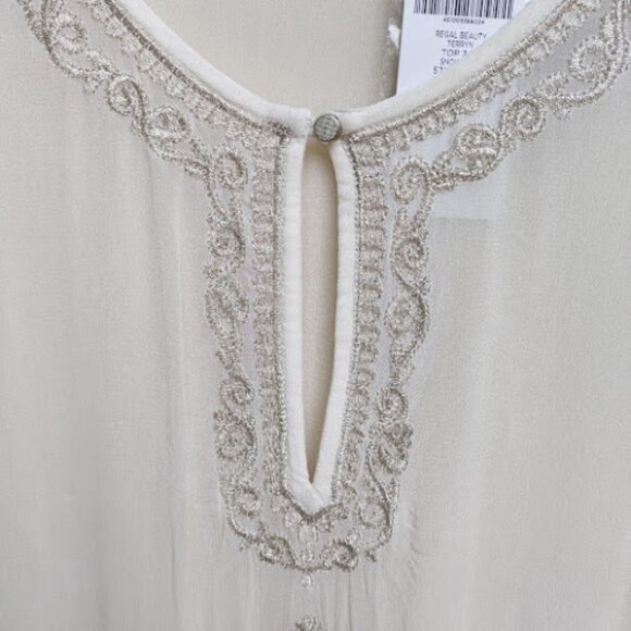CHICOS | NWT Sheer Cream Metallic Silver Embroidered Blouse Holiday Party L - Picture 3 of 13